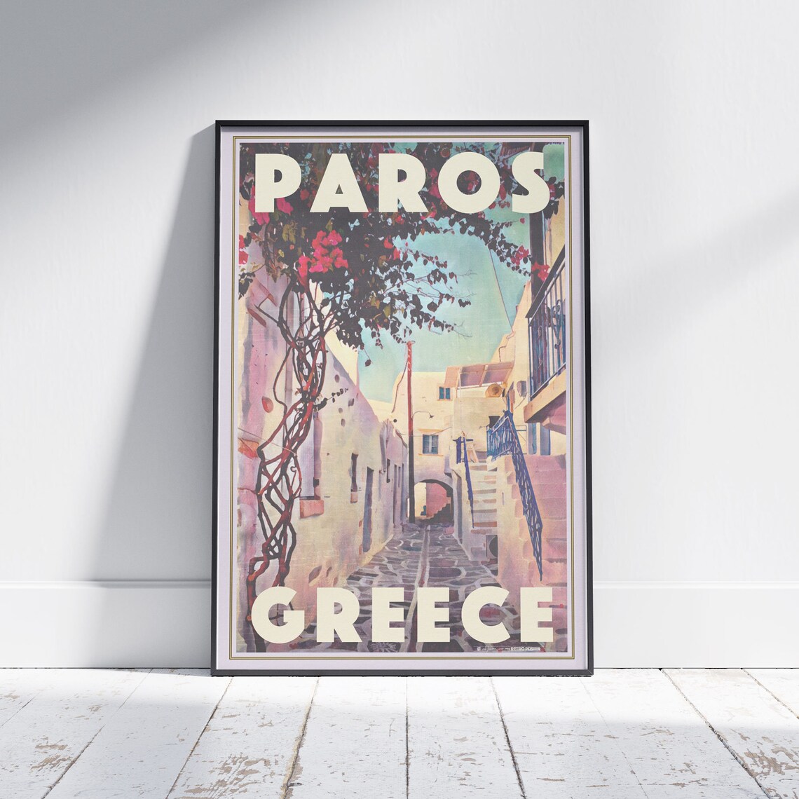 Paros Greece Retro Travel Poster Cyclades Island Whitewashed Alley Art