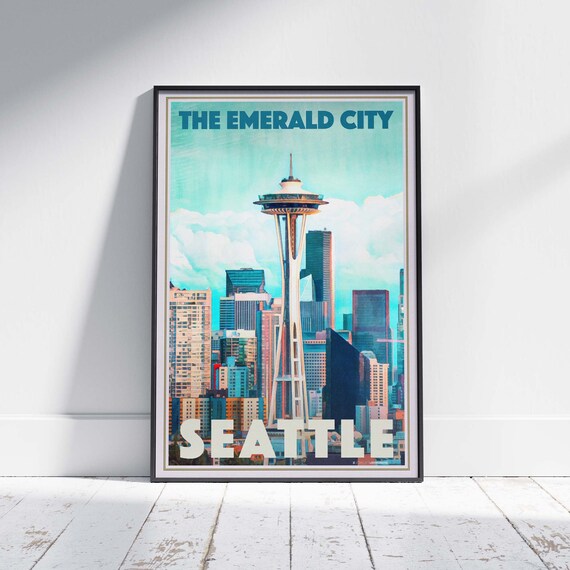 Seattle Emerald City Space Needle Skyline Vintage Retro Travel Poster