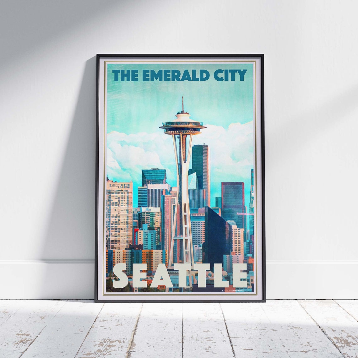 Seattle Emerald City Space Needle Skyline Vintage Retro Travel Poster