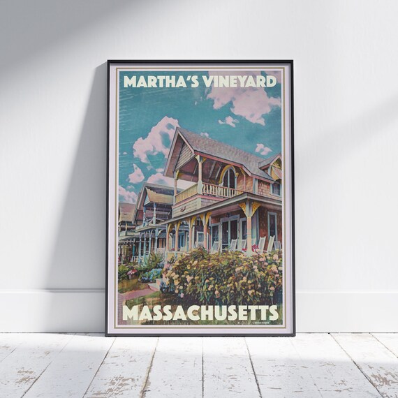Marthas Vineyard Gingerbread Cottages Massachusetts Vintage Poster