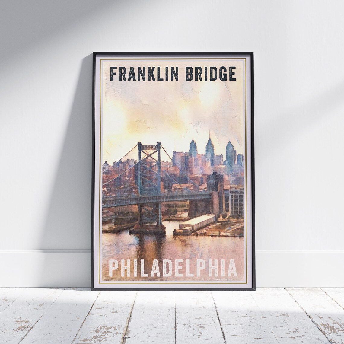 Philadelphia Franklin Bridge City Skyline Sunset Vintage Travel Poster