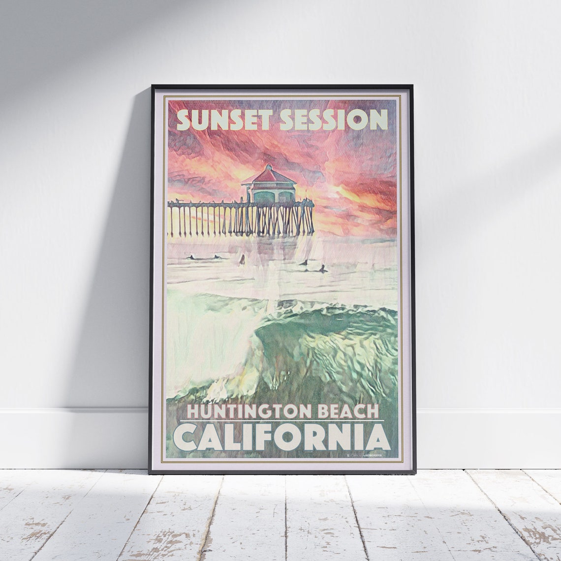 Huntington Beach California Sunset Pier Surf Waves Travel Poster