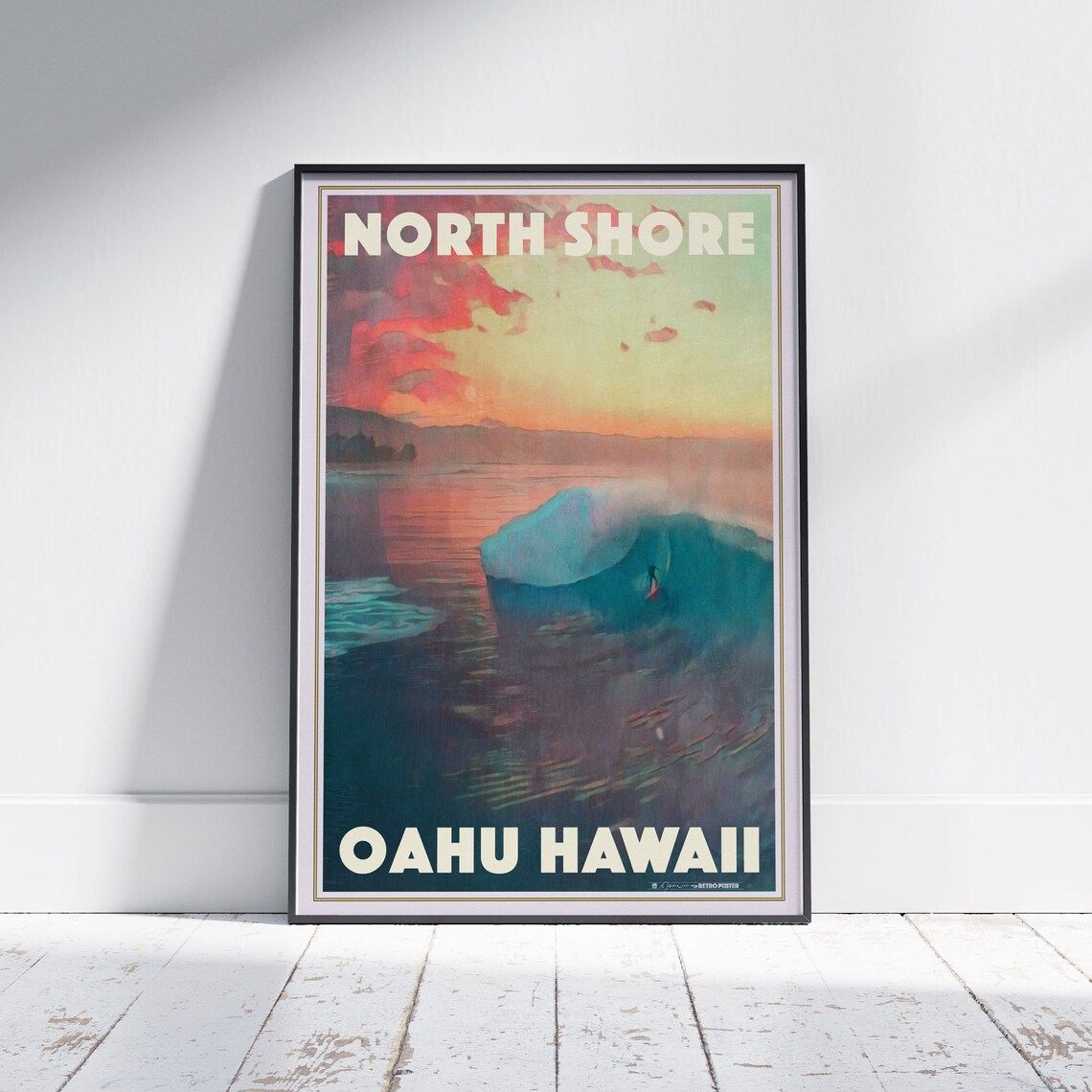 Oahu Hawaii Retro Travel Poster North Shore Sunset Surf Wave Art