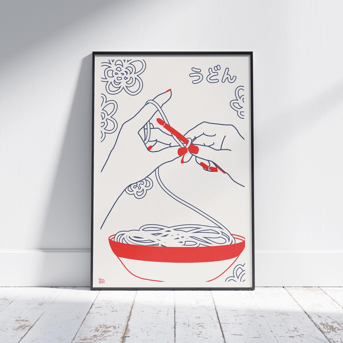 Udon Noodle Bowl Minimal Line Art With Hands Lifting Noodles Poster