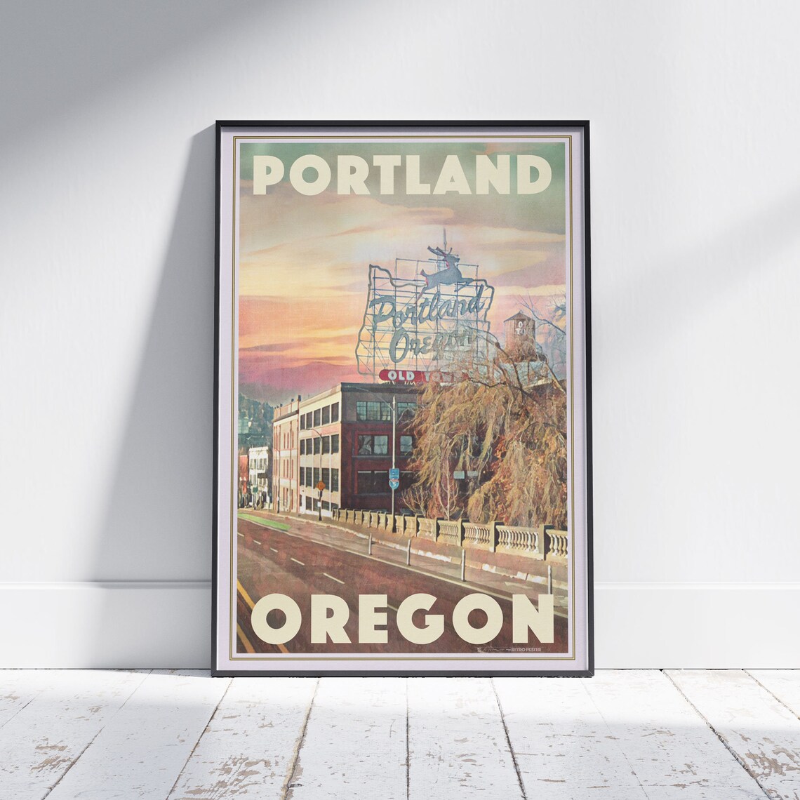 Portland Oregon White Stag Sign Sunset Retro Cityscape Travel Poster