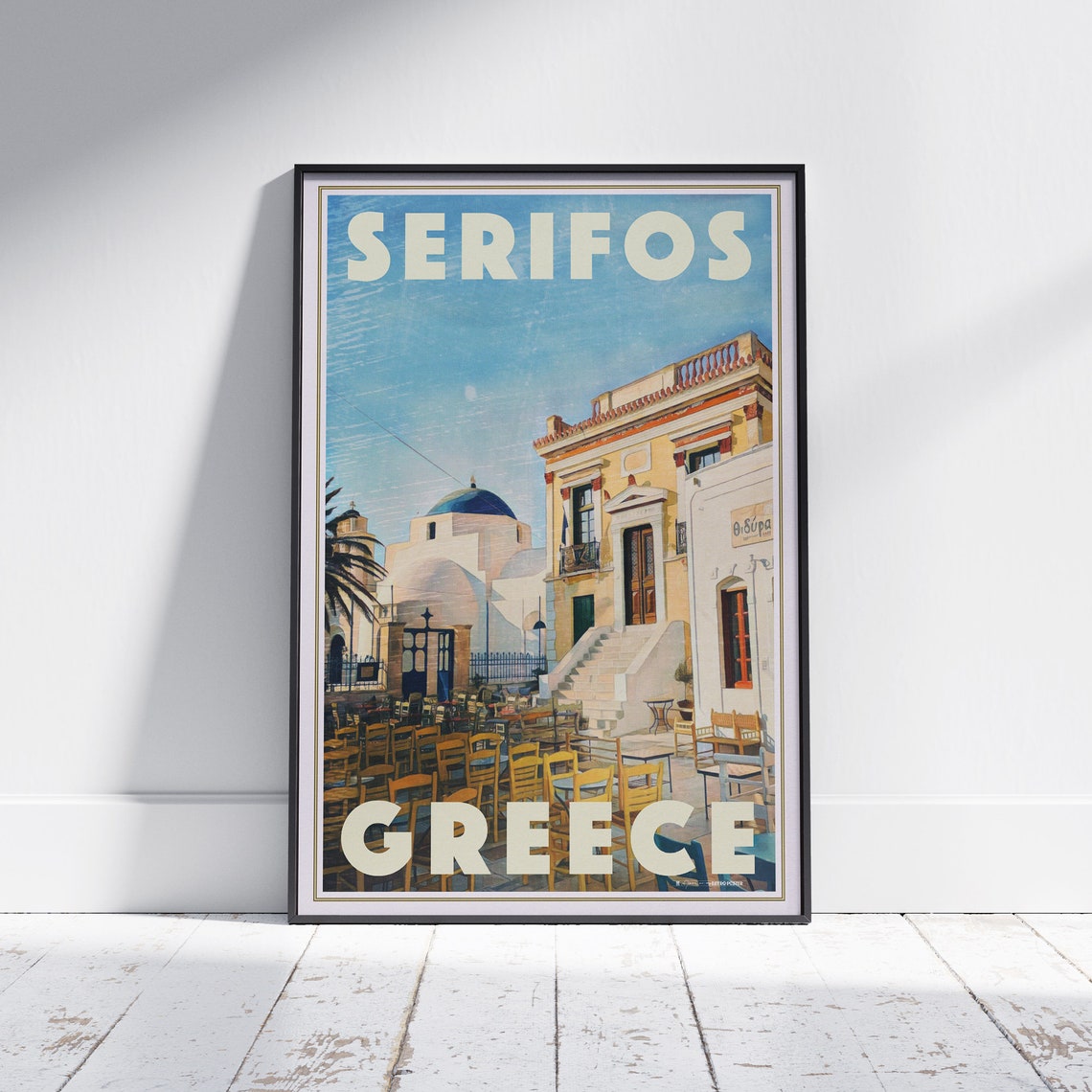 Serifos Greece Island Square Blue Dome Church Vintage Travel Poster