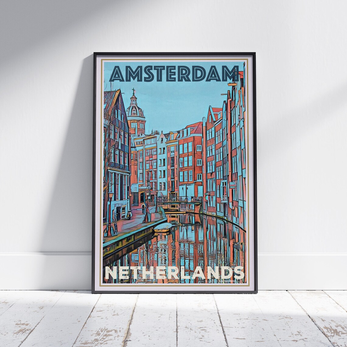 Amsterdam Canal Houses Vintage Travel Poster Netherlands Artwork