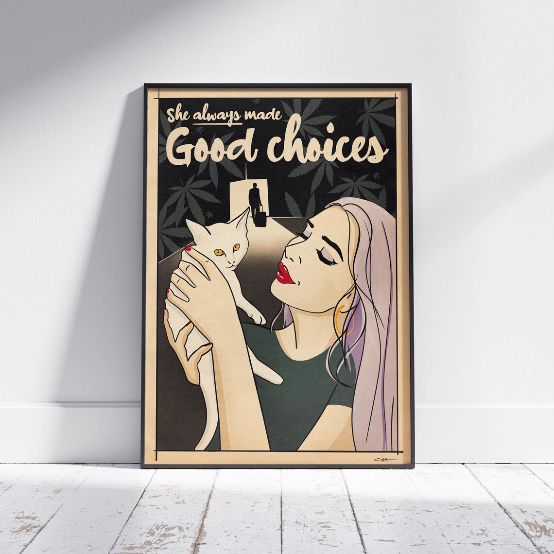 Good Choices Funny Cat Print Woman Kissing White Cat Retro Comic Art