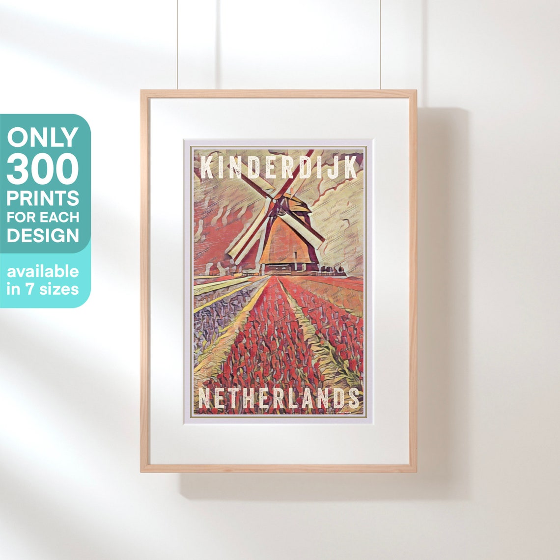 Kinderdijk Netherlands Windmill Tulip Fields Retro Travel Poster - Image 3