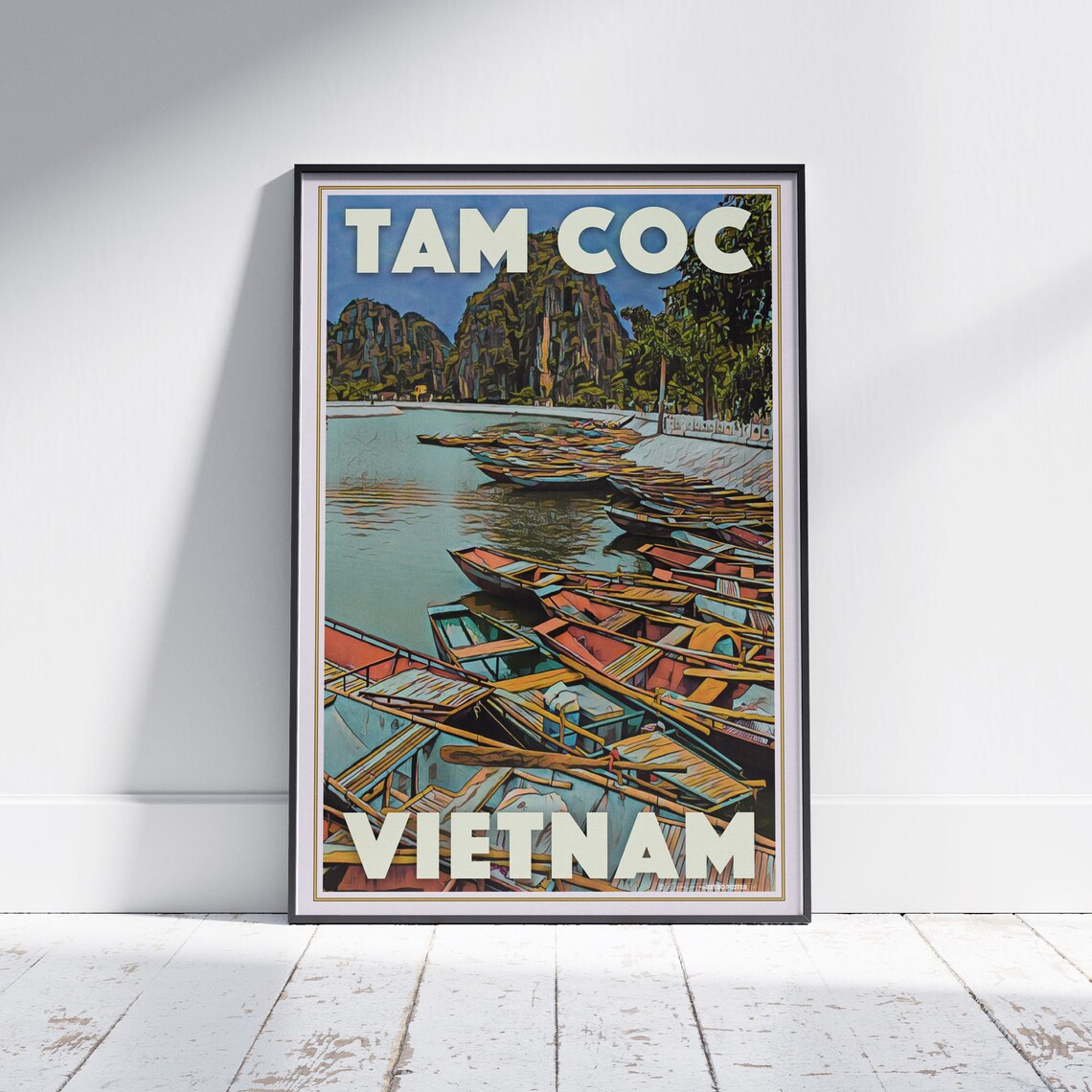 Tam Coc River Boats Limestone Karsts Vietnam Vintage Travel Poster