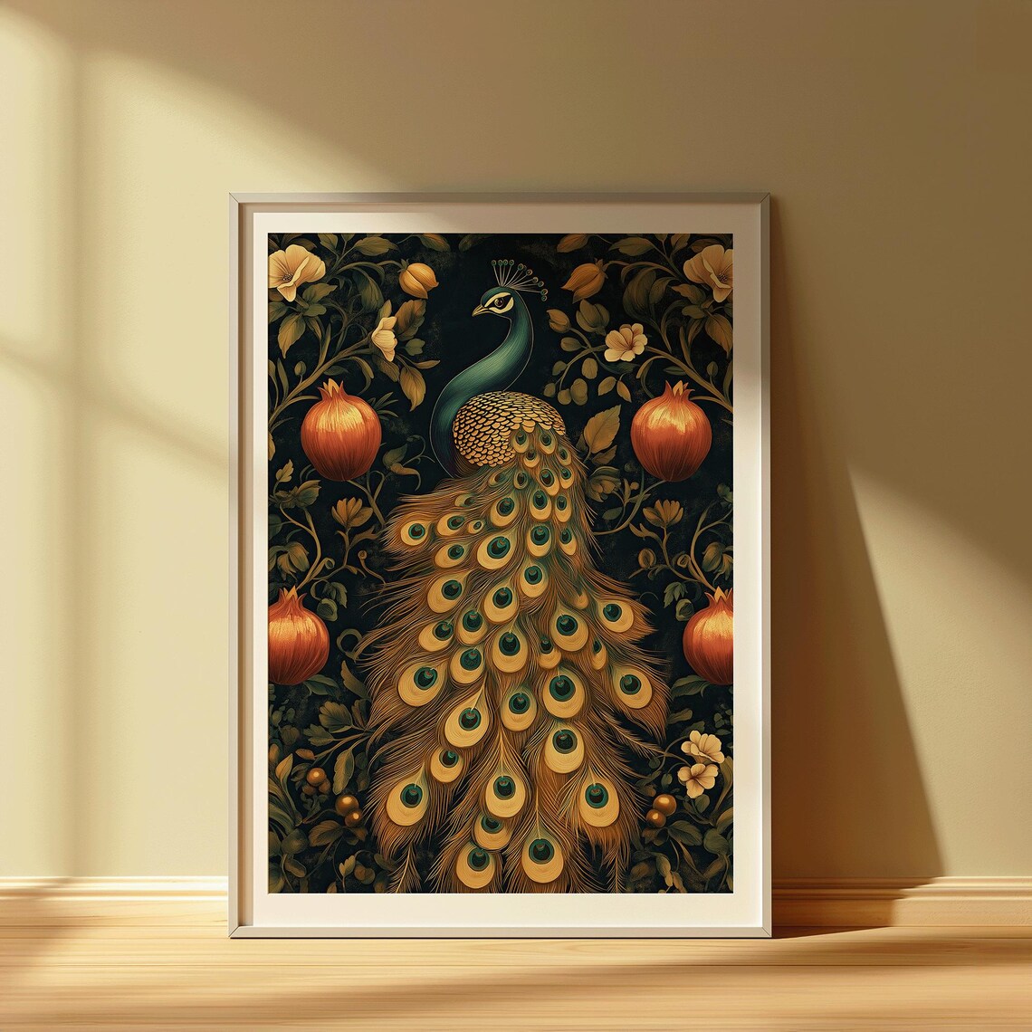 Majestic Peacock With Pomegranates Ornate Gold Feather Art Print