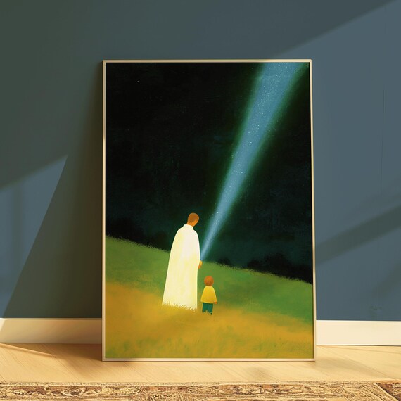 Father And Child Starry Night Print Spiritual Star Gaze Wall Art Wholesome Cosmic Landscape Modern Family Poster Follow The Stars