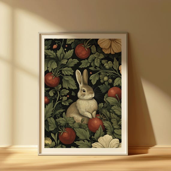 Cute Bunny And Tomato Garden Wall Print Whimsical Animal Illustration Cozy Farmhouse Decor For Natureinspired Homes Whiskers