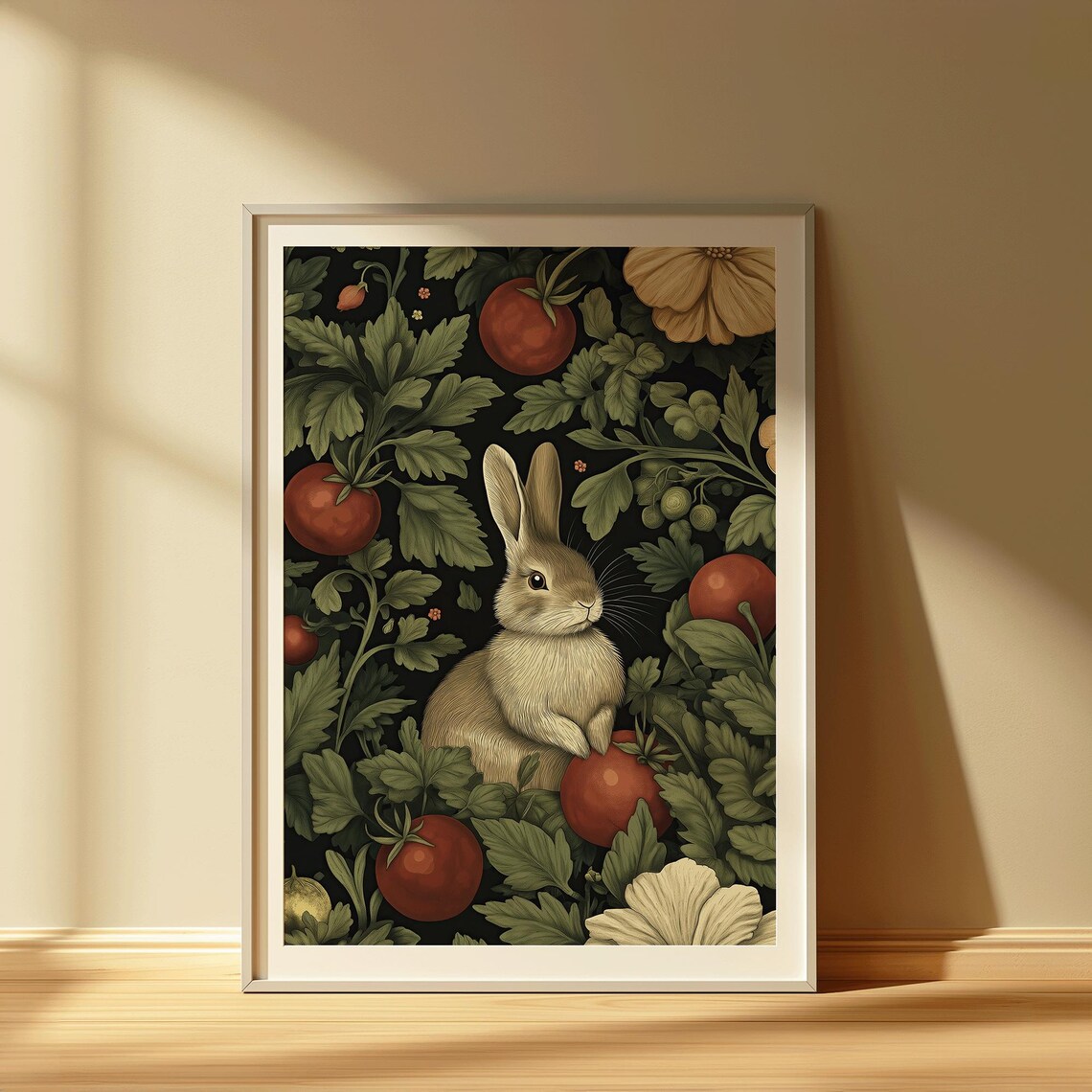 Bunny and Tomato Garden Poster | Vintage Botanical Rabbit Illustration