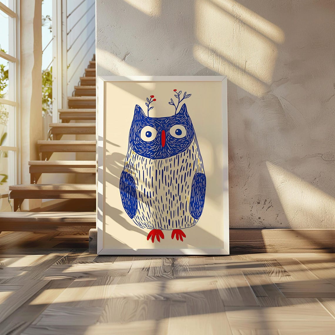 Whimsical Blue Owl Playful Forest Nursery Illustration Poster