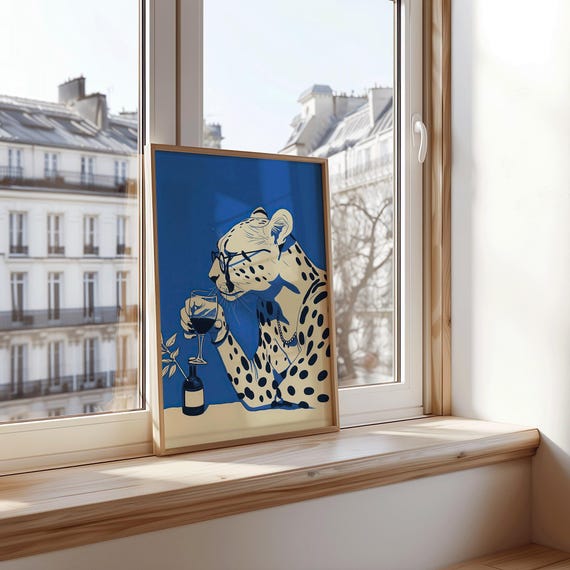 Cheetah Drinking Art Print Whimsical Animal With Wine Blue Background Modern Poster Drunk The Sophisticated Spot