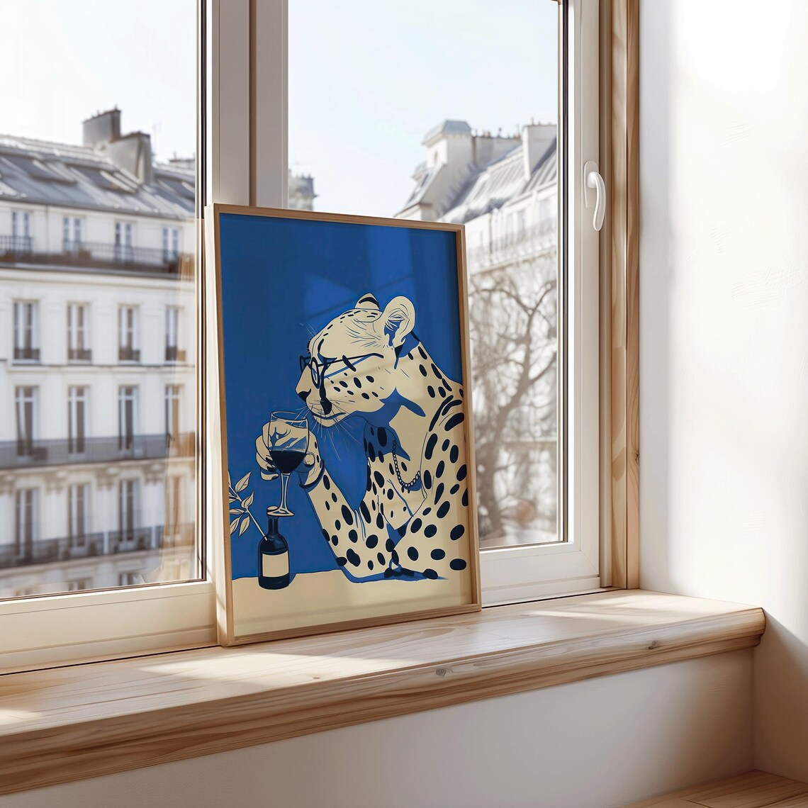 Cheetah Drinking Wine Whimsical Blue Background Modern Animal Art Poster