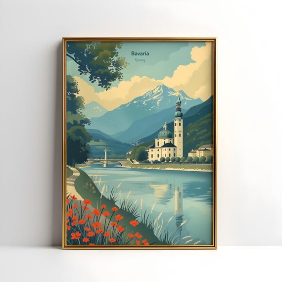 Bavaria Travel Poster, Church by the River