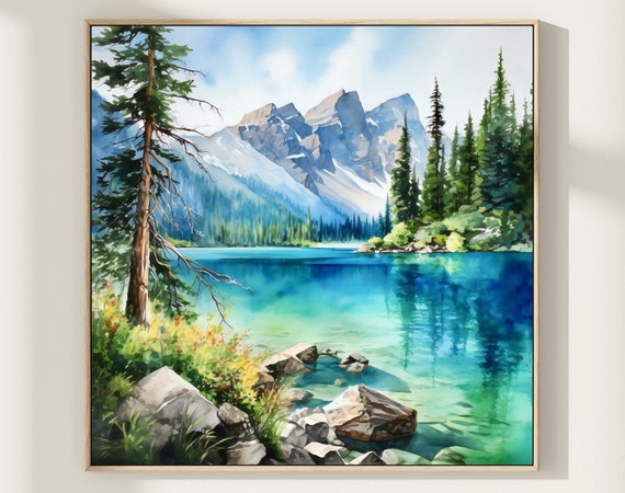 Mountain Lake Watercolor Art Print Vivid Landscape Painting