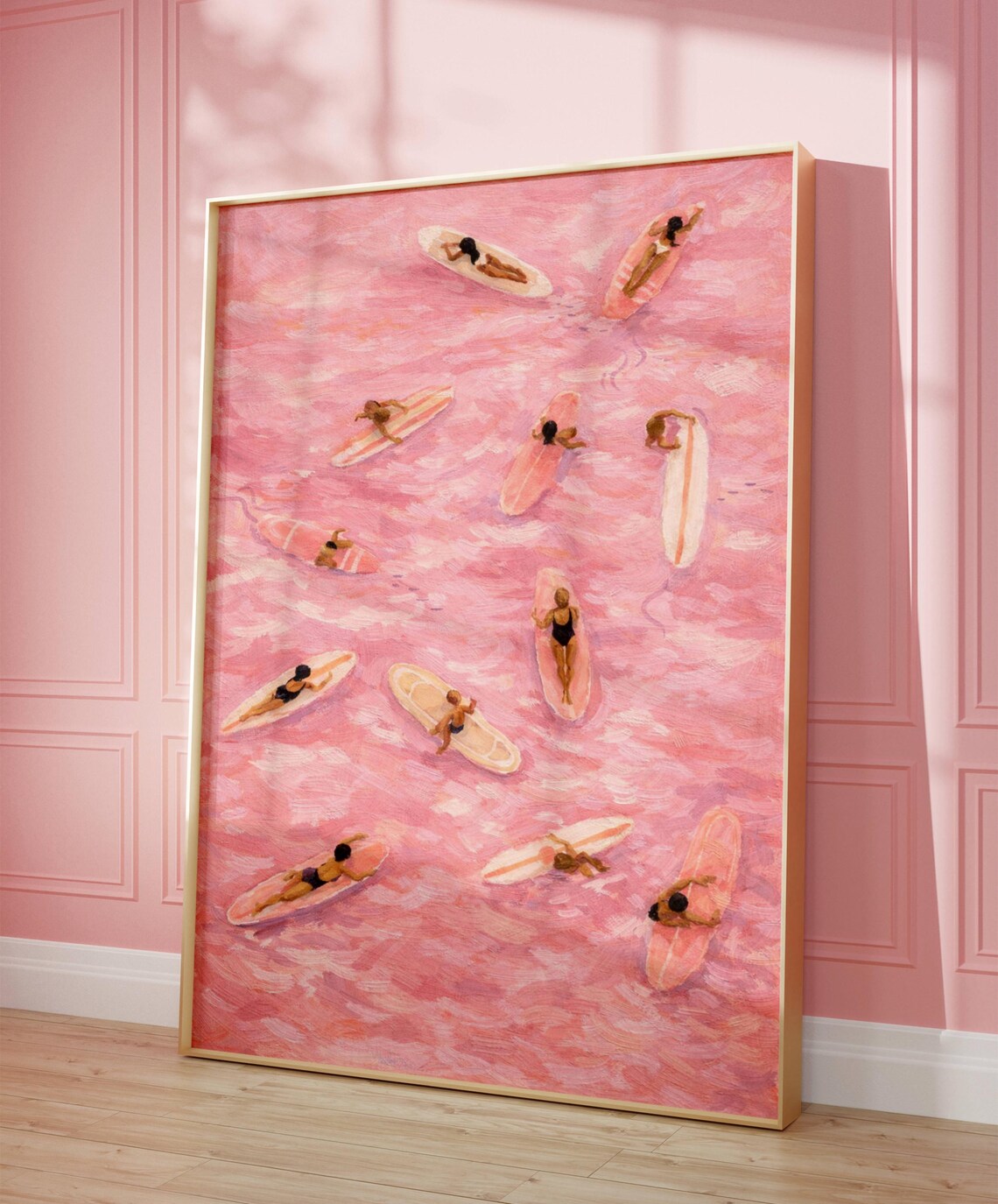 Aerial Surfers Floating on Pink Water Pastel Surf Art Poster