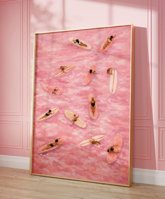 Abstract Tiny Surfers Textured Art Print Minimalist People Swimming In Pink Beach Painting Wall Girly Summer Aerial Poster