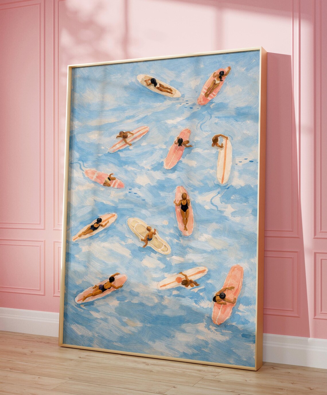 Aerial Surfers on Pink Surfboards Blue Ocean Waves Painting Poster