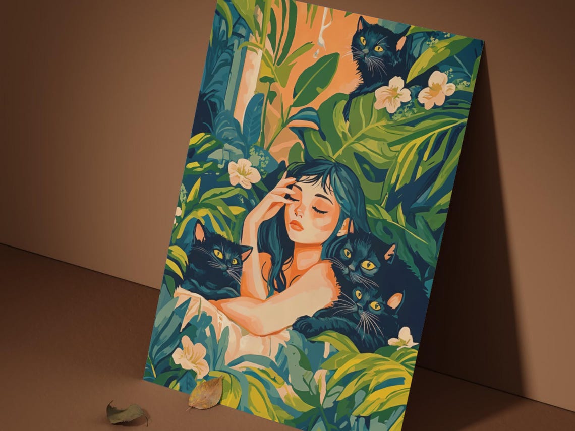 Tropical Jungle Lady With Three Black Cats Maximalist Art Poster - Image 4