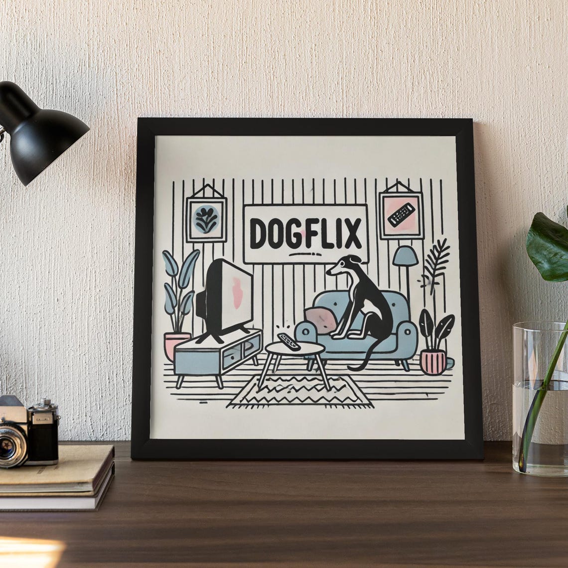 Cozy Dogflix Funny Greyhound Watching TV Retro Living Room Poster - Image 4