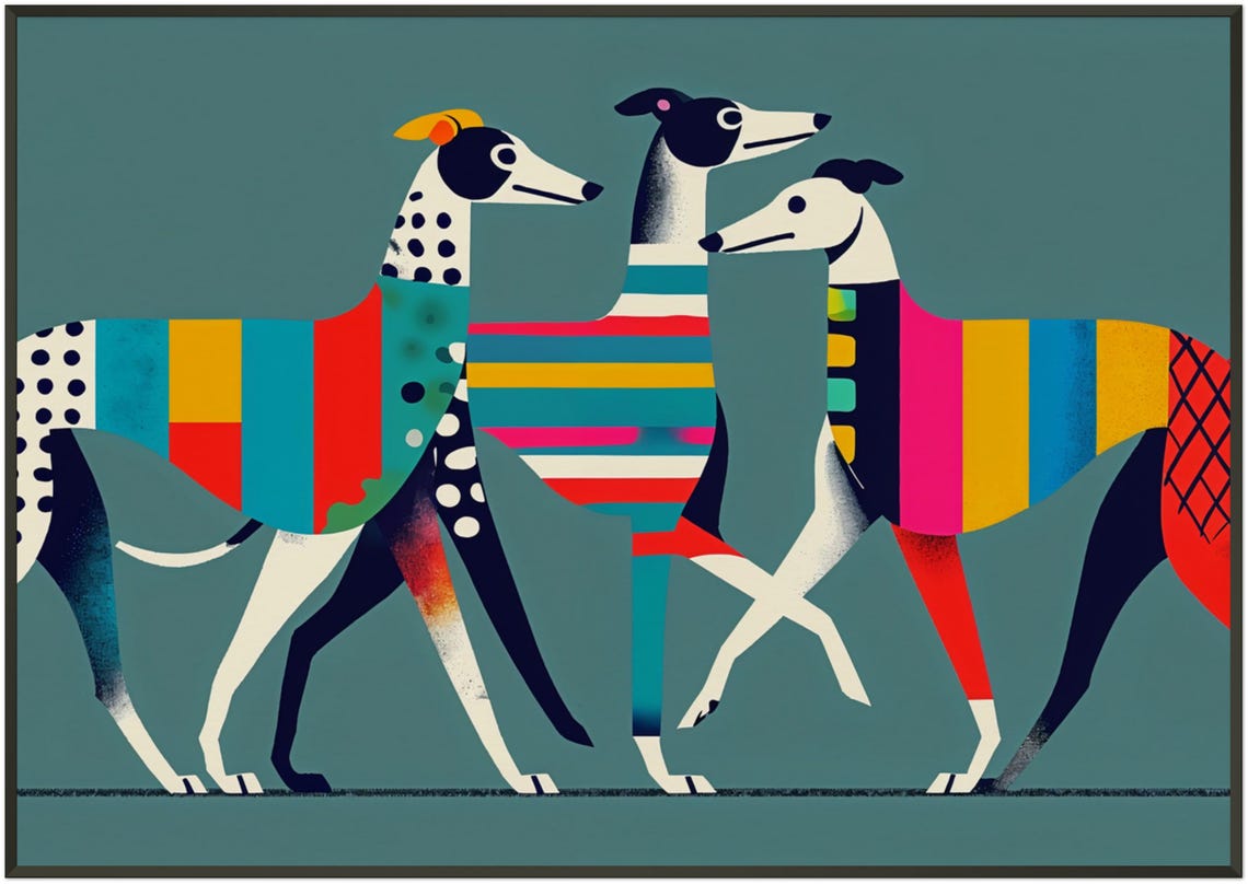 Three Greyhounds Strolling Polka Dot Stripes Playful Dog Art Poster