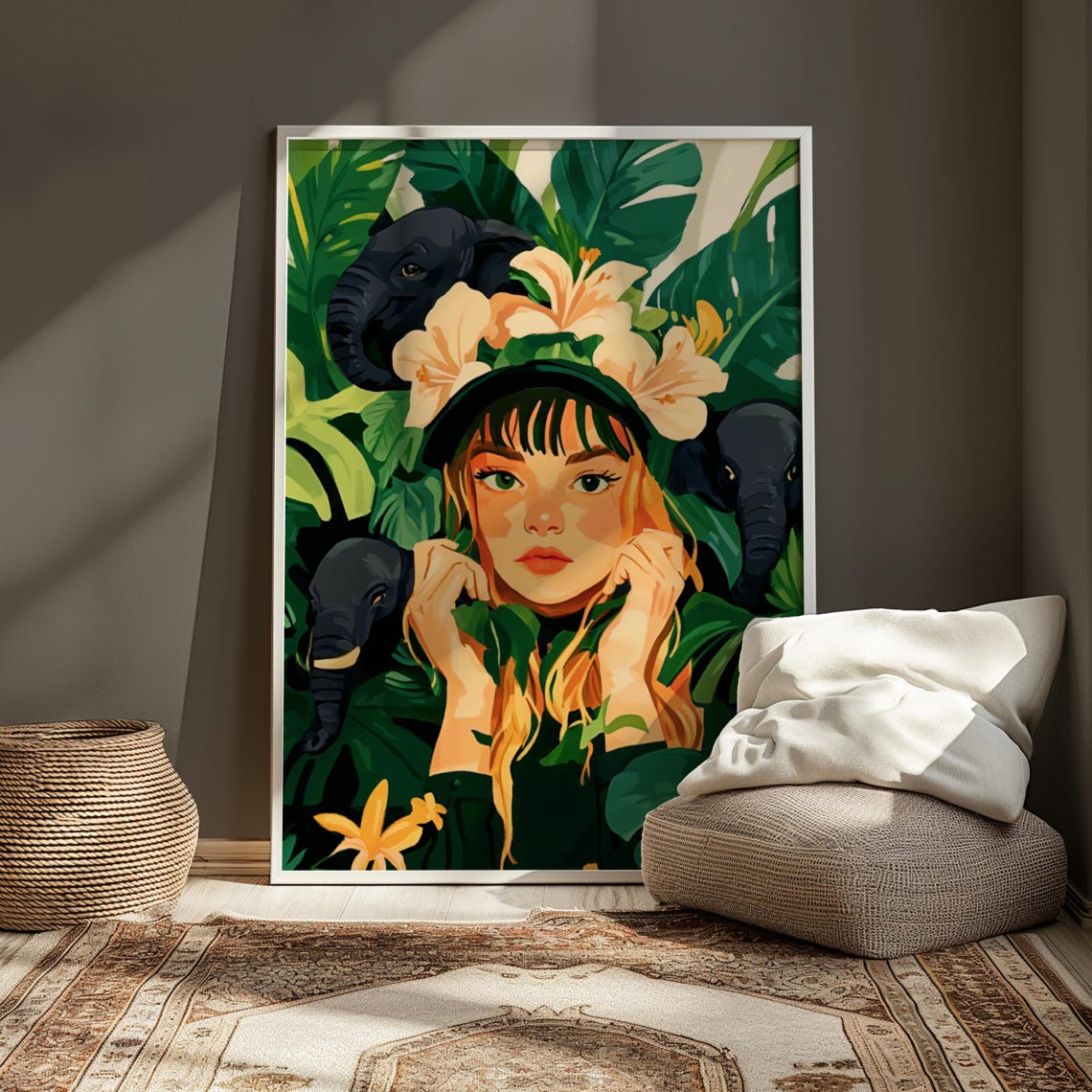 Lady With Elephants Jungle Bathroom Wall Art Tropical Maximalist Art Elephant Art House Warming Gift - Image 5