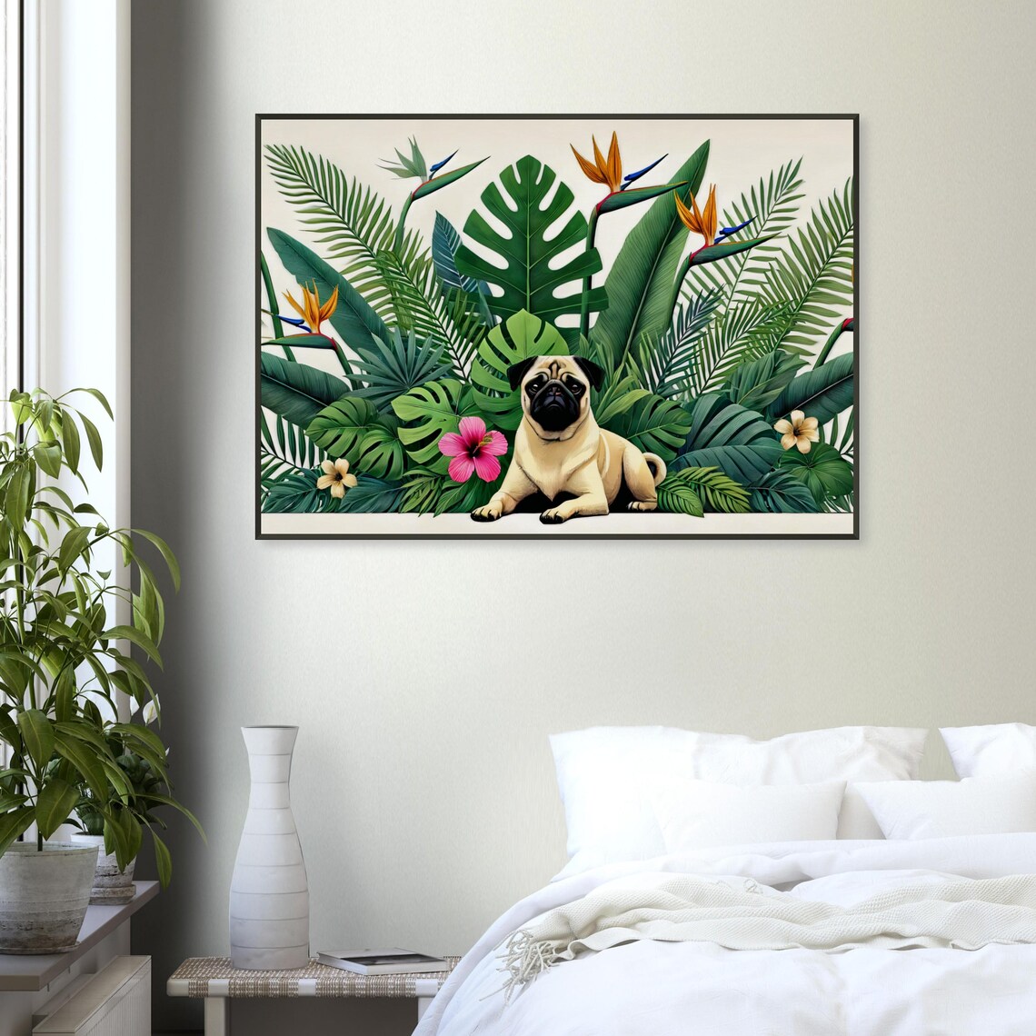 Cute Fawn Pug Tropical Botanical Garden Colorful Flower Poster - Image 4