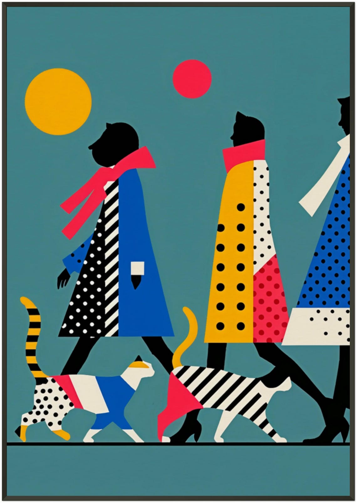 Cat Parade Walk People Colorful Coats Geometric Modern Art Poster - Image 4