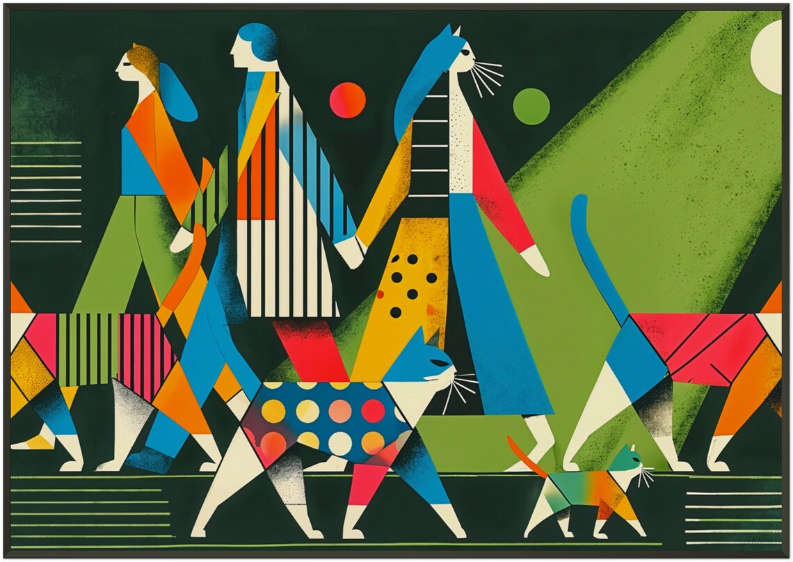 Women and Cats Night Parade Dark Green Geometric Cat Lover Poster - Image 5