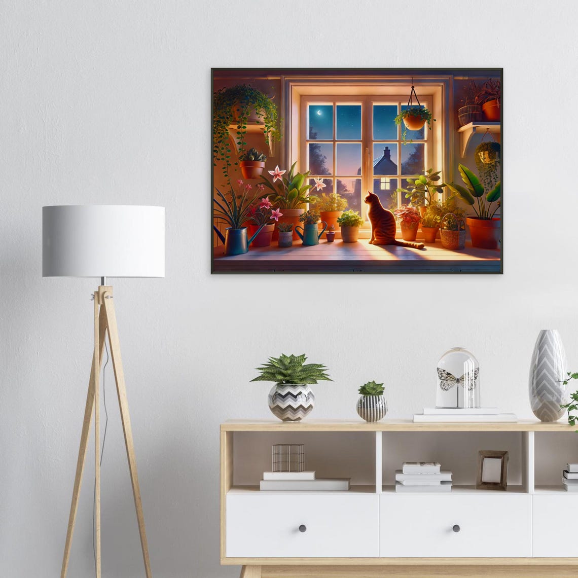 Ginger Tabby Cat Moonlit Night Window Plants Illustration Poster - Image 2