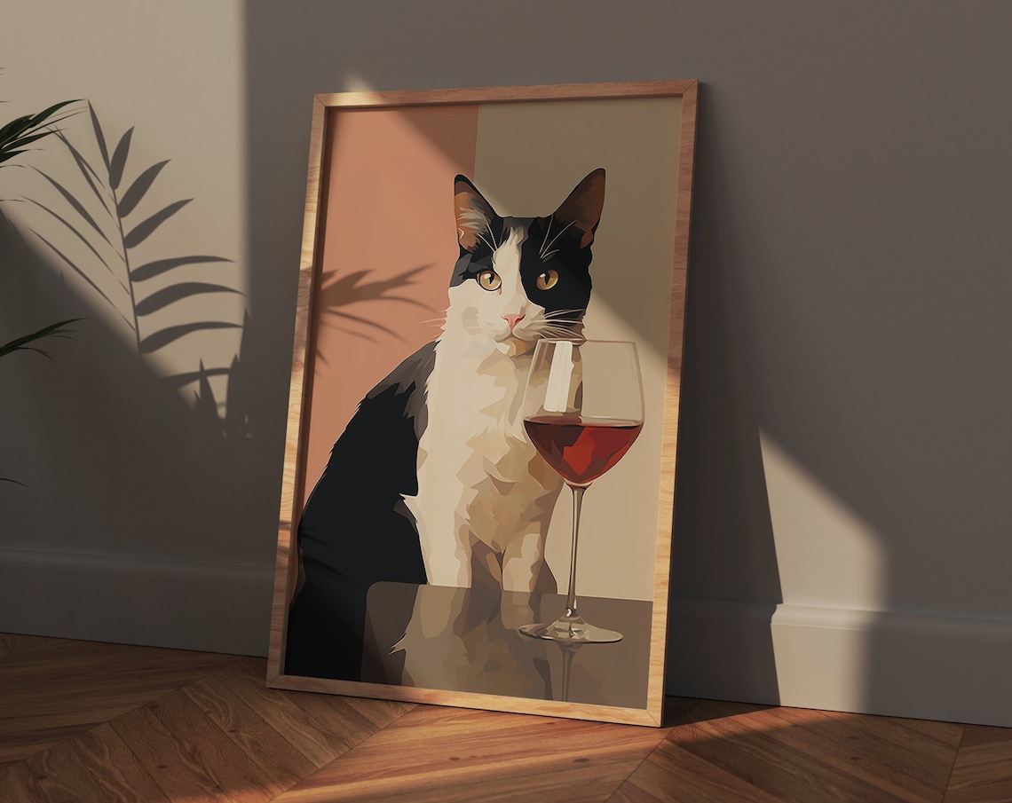 Black And White Cat Wine Lover Wall Art Print