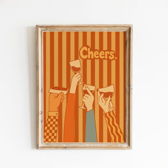Cheers Poster Retro Party Drinks Illustration Wall Art