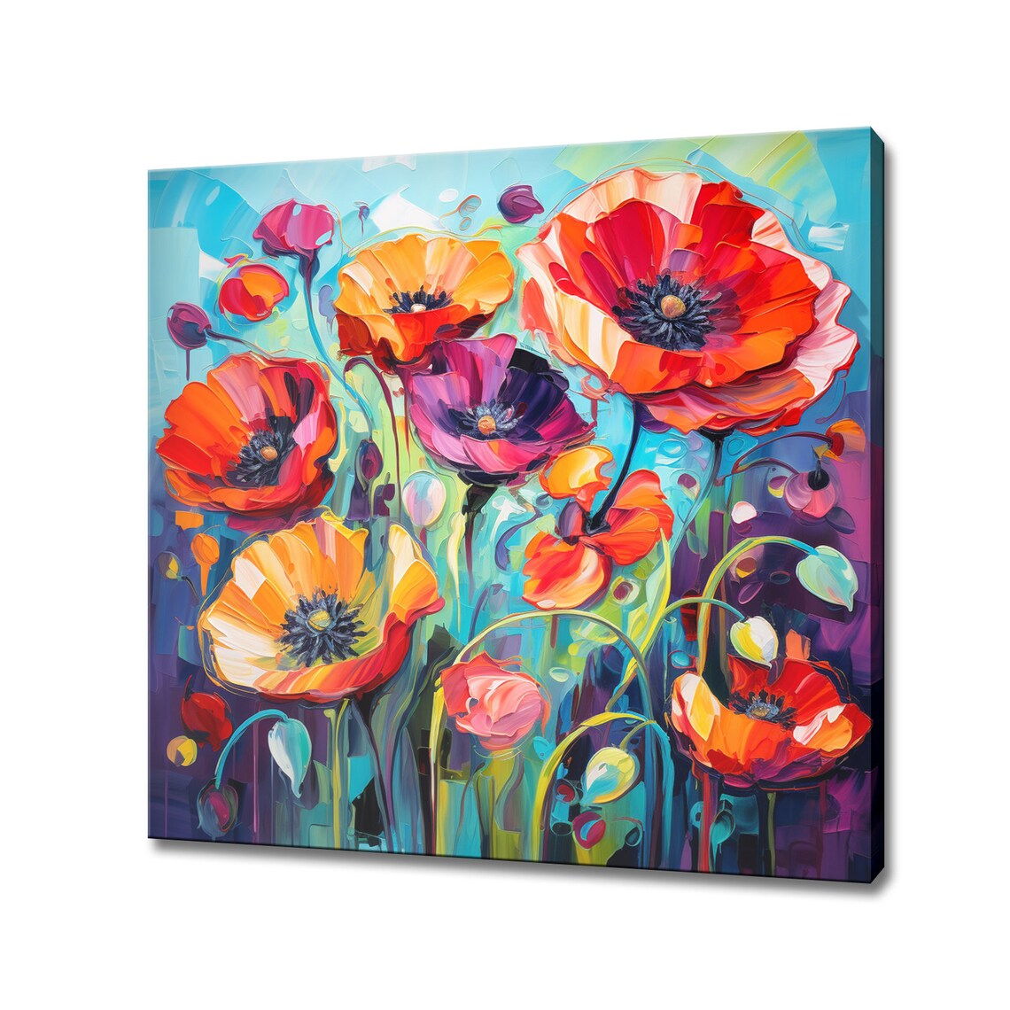 Colourful Poppy Flowers Bouquet Oil Painting Style Print Art Wall Hanging Living Room Decor Modern Design Floral Art Print
