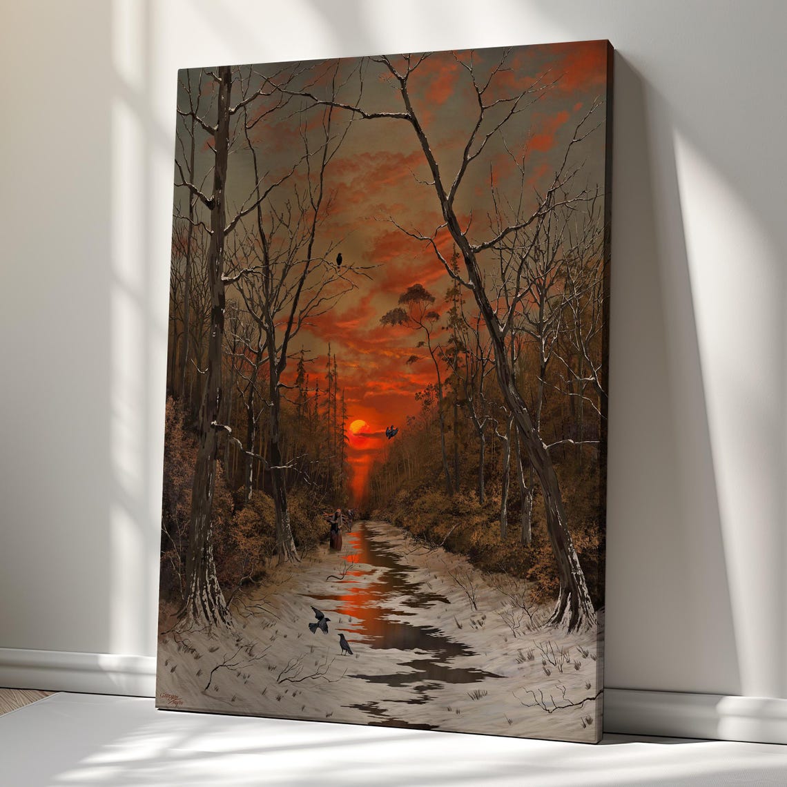 Sunset Over Winter Forest Snowy Path Vintage Landscape Poster