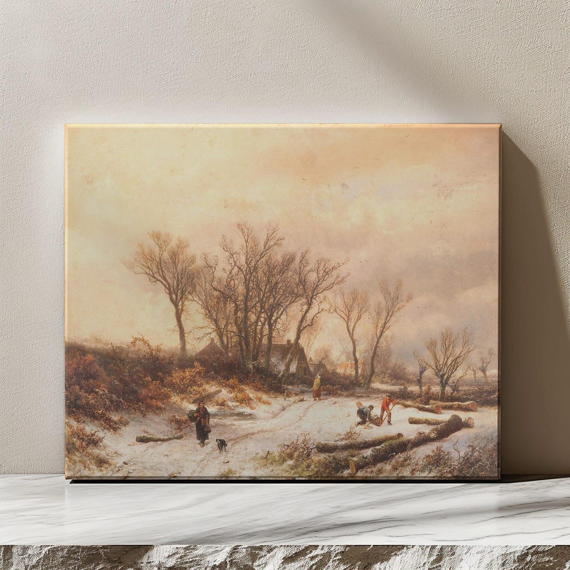 Winter Woodcutters Snowy Forest Oil Painting Rustic Vintage Poster