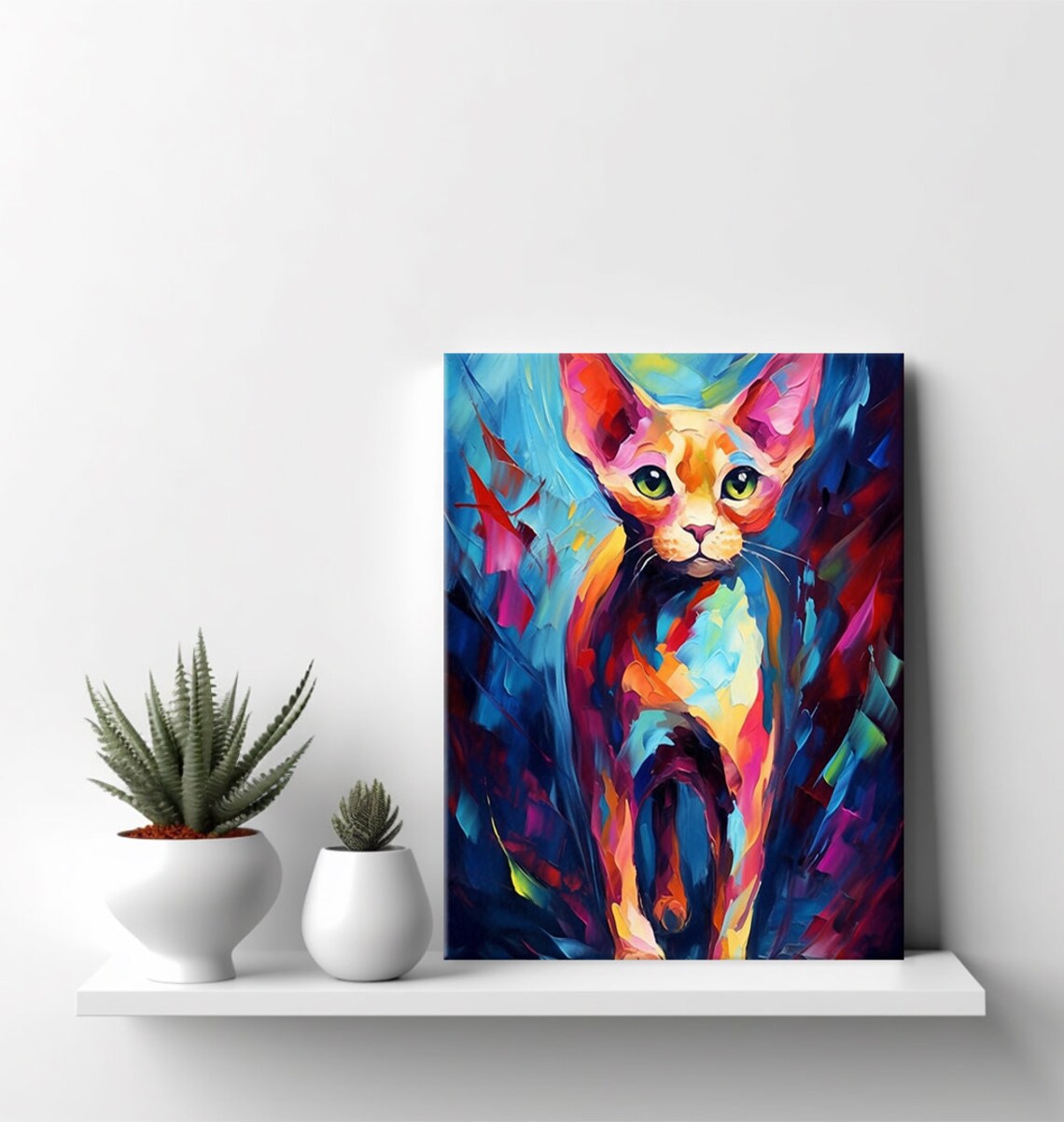 Colorful Big Eared Cat Abstract Oil Painting Feline Portrait Art Print