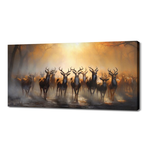 Stag Herd Walking Through Misty Golden Forest Antlered Deer Wildlife Wall Art Print