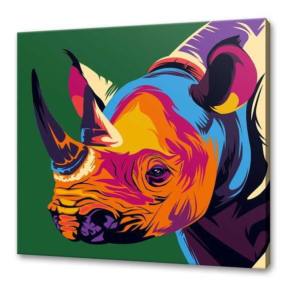 Pop Art Rainbow Rhino Head Profile Orange Blue Green Canvas Wall Poster