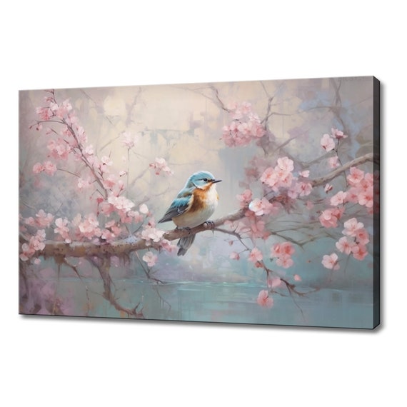 Beautiful Cute Bird Sitting On Pink Blossom Tree Branch Print Bird Home Decor Serene Spring Scene Art Nature Inspired Wall Art