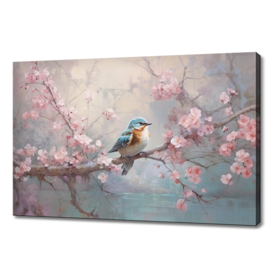 Cute Blue Bird On Pink Blossom Branch Spring Wall Art Poster