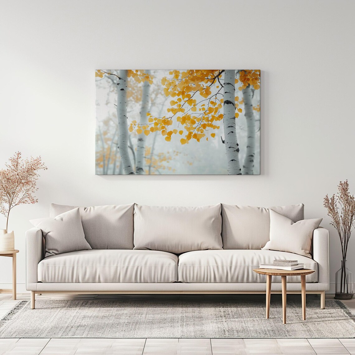 Misty Birch Forest Autumn Golden Leaves Tree Landscape Painting Print - Image 3