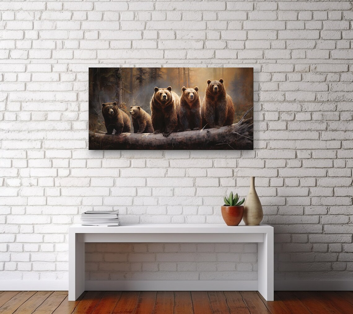 Brown Bear Family Five Bears Fallen Log Misty Forest Wildlife Painting Poster - Image 2