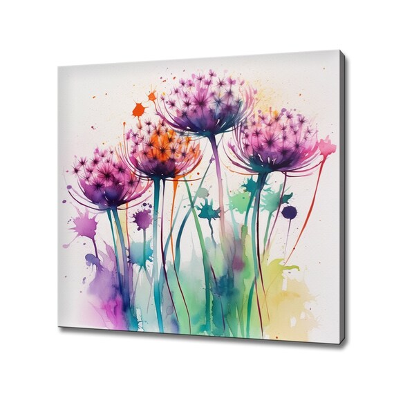 Purple Allium Flower Heads Watercolor Splash Delicate Floral Art Poster