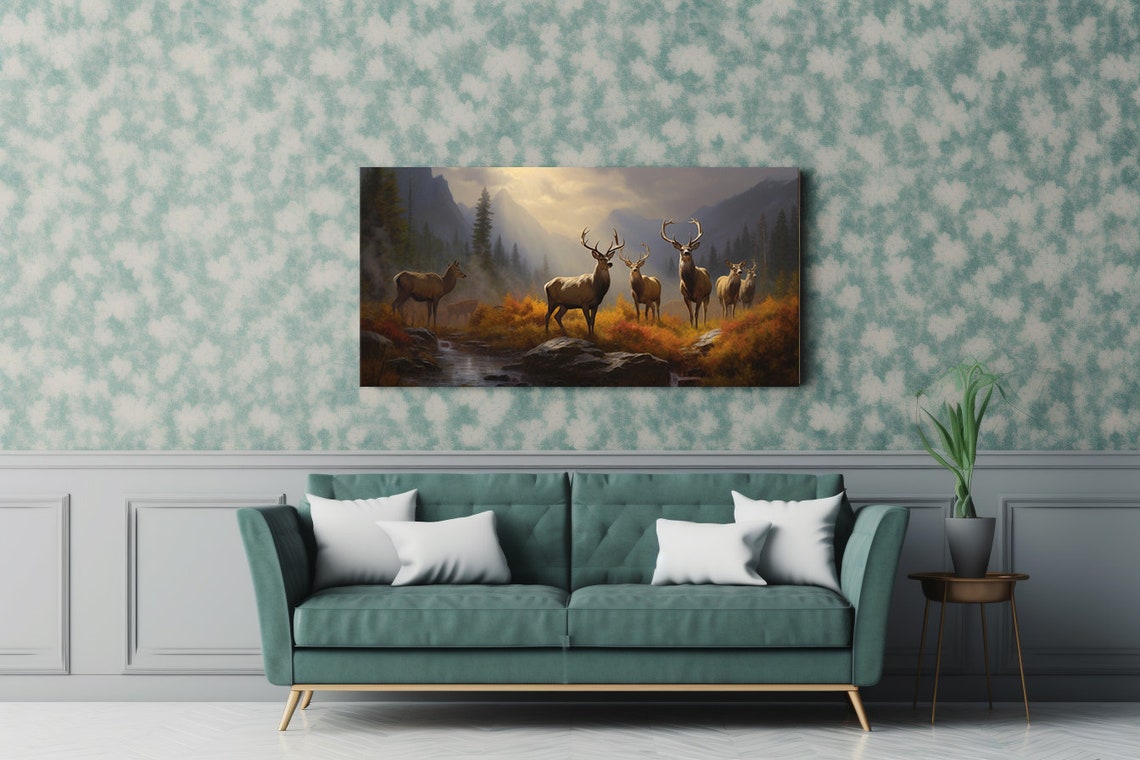 Deer Stag Herd by Mountain River Golden Light Wildlife Poster - Image 2