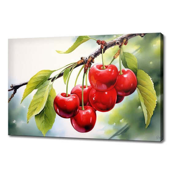 Red Cherries Branch Fruits Watercolour Paint Print Fruits Lover Gift Kitchen Restaurant Wall Art Print Colourful Fruits Wall Decor