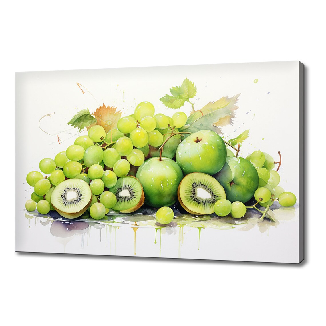 Green Fruits Medley Kiwi Grapes Apples Watercolor Kitchen Poster